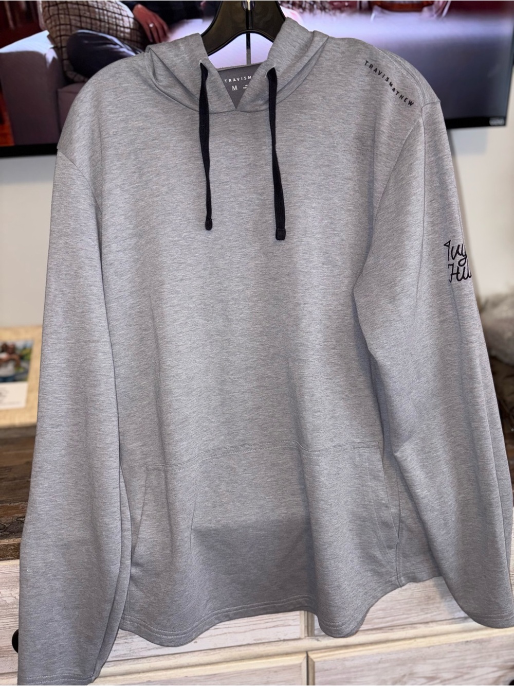 Travis Mathew Light Gray Hooded Pullover with Black Drawstrings